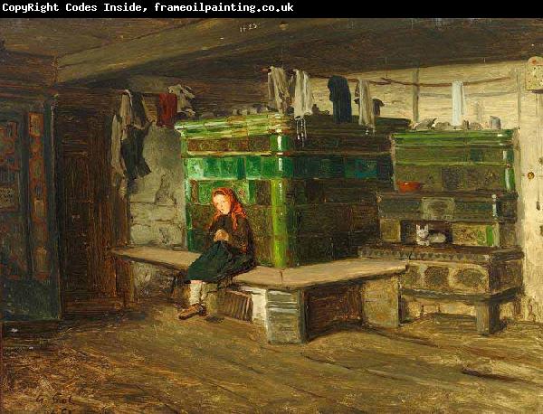 Georg Saal view into a Blackforest living room with small girl on the oven bench